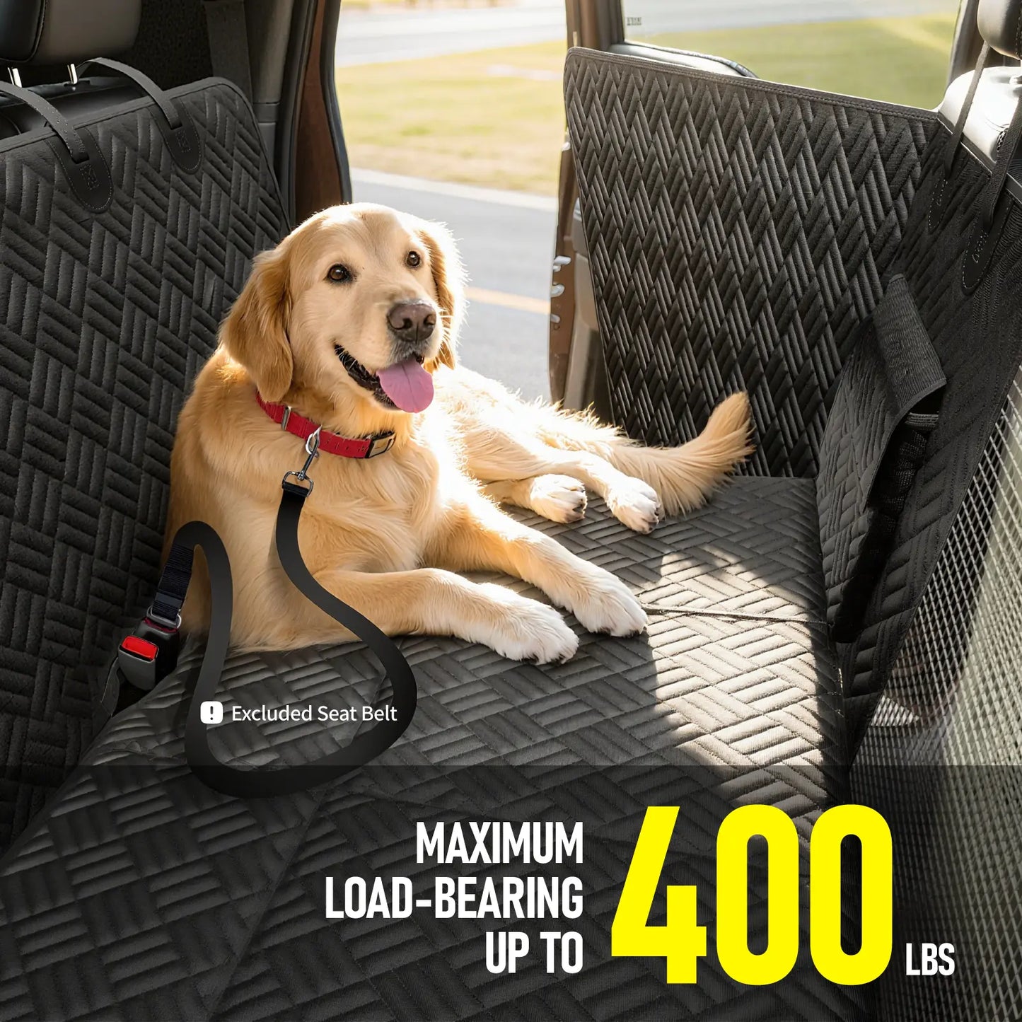 Premium Dog Car Seat Cover with Reinforced Base, Supports up to 400 lbs | Innovative Waterproof Dog Hammock Back Seat Extender for Cars, SUVs, and Full-Size Trucks (Available in Small & Large Sizes)