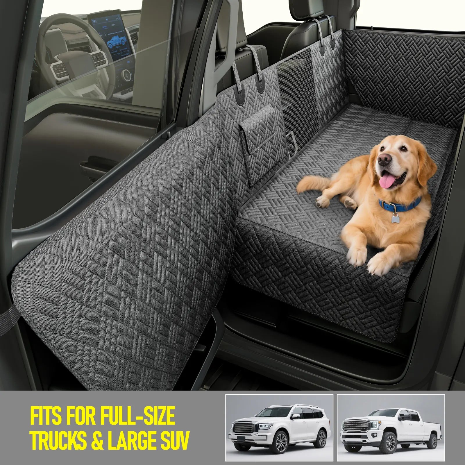 Premium Dog Car Seat Cover with Reinforced Base, Supports up to 400 lbs | Innovative Waterproof Dog Hammock Back Seat Extender for Cars, SUVs, and Full-Size Trucks (Available in Small & Large Sizes)